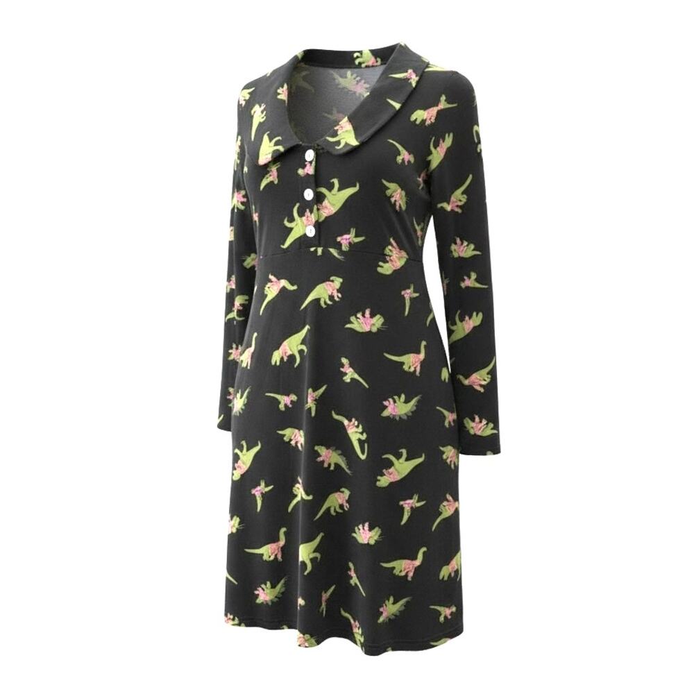 Modcloth Dinosaur Dress Size L Black Christmas Sweater Print T Rex Whimsical